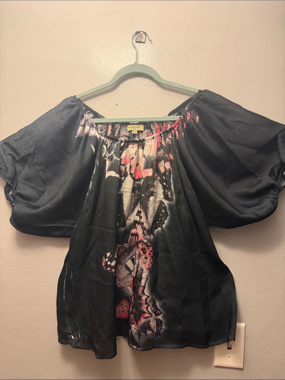 ONE WORLD Black Off-Shoulder Butterfly Print Top